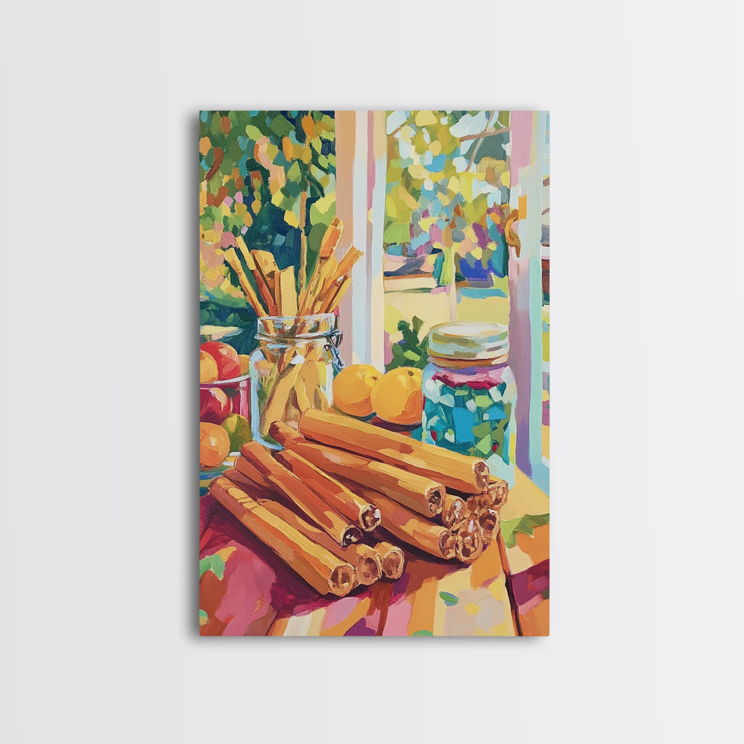 Cinnamon Sticks By Sunny Window Canvas Print, Colorful Kitchen Wall Art, Rustic Farmhouse Decor, Cozy Foodie Housewarming Gift