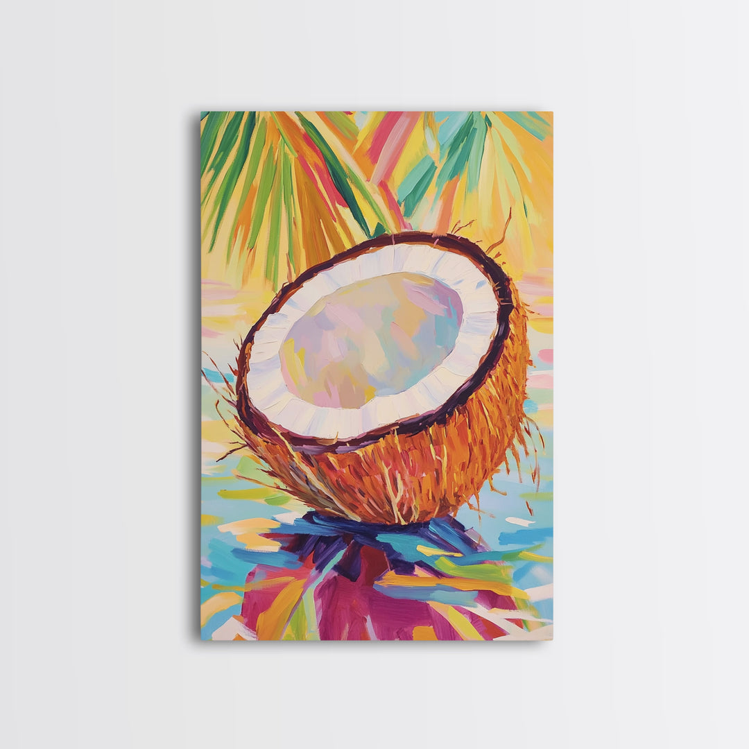 Tropical Coconut Half With Palm Leaves Canvas Print, Coastal Wall Art, Beach House Decor, Colorful Kitchen Art, Summer Gift