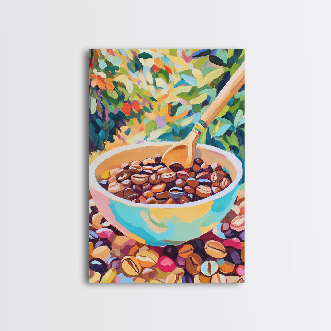 Vibrant Coffee Beans In Ceramic Bowl Canvas Print, Kitchen Wall Art, Coffee Bar Decor, Cafe Poster, Foodie Housewarming Gift