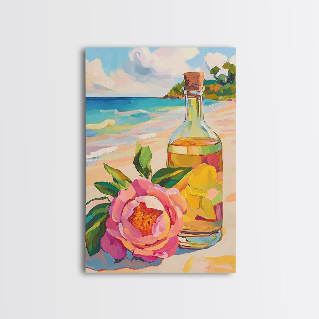 Beach Flower And Glass Bottle Canvas Print, Coastal Wall Art, Tropical Home Decor, Ocean Wall Decor, Summer Kitchen Art Print
