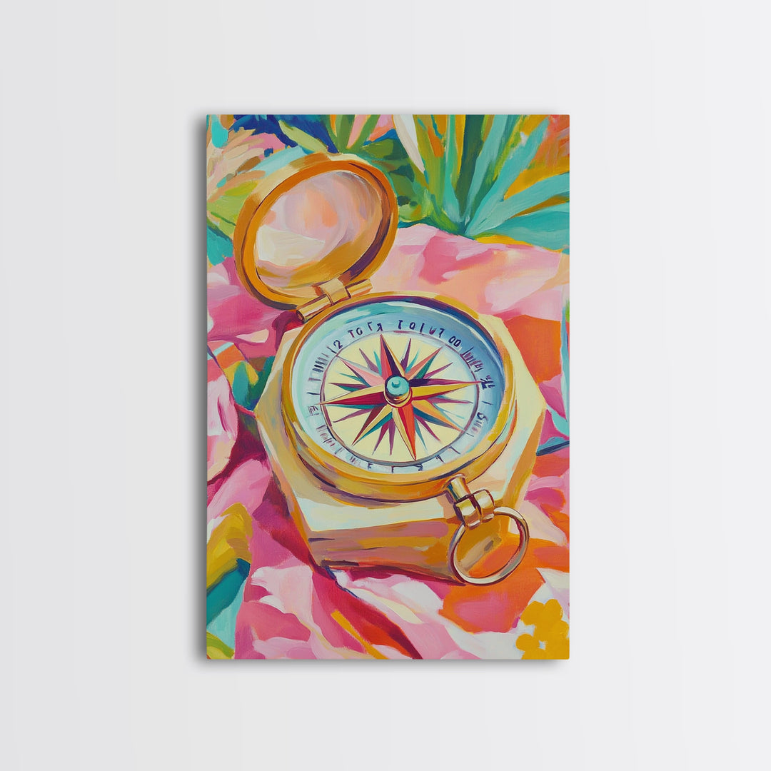 Golden Compass On Pink Tropical Cloth Canvas Print, Travel Wall Art, Coastal Decor, Nautical Poster, Adventure Gift For Her