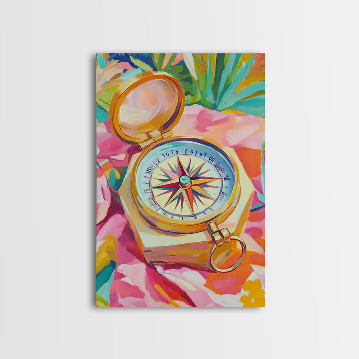 Golden Compass On Pink Tropical Cloth Canvas Print, Travel Wall Art, Coastal Decor, Nautical Poster, Adventure Gift For Her