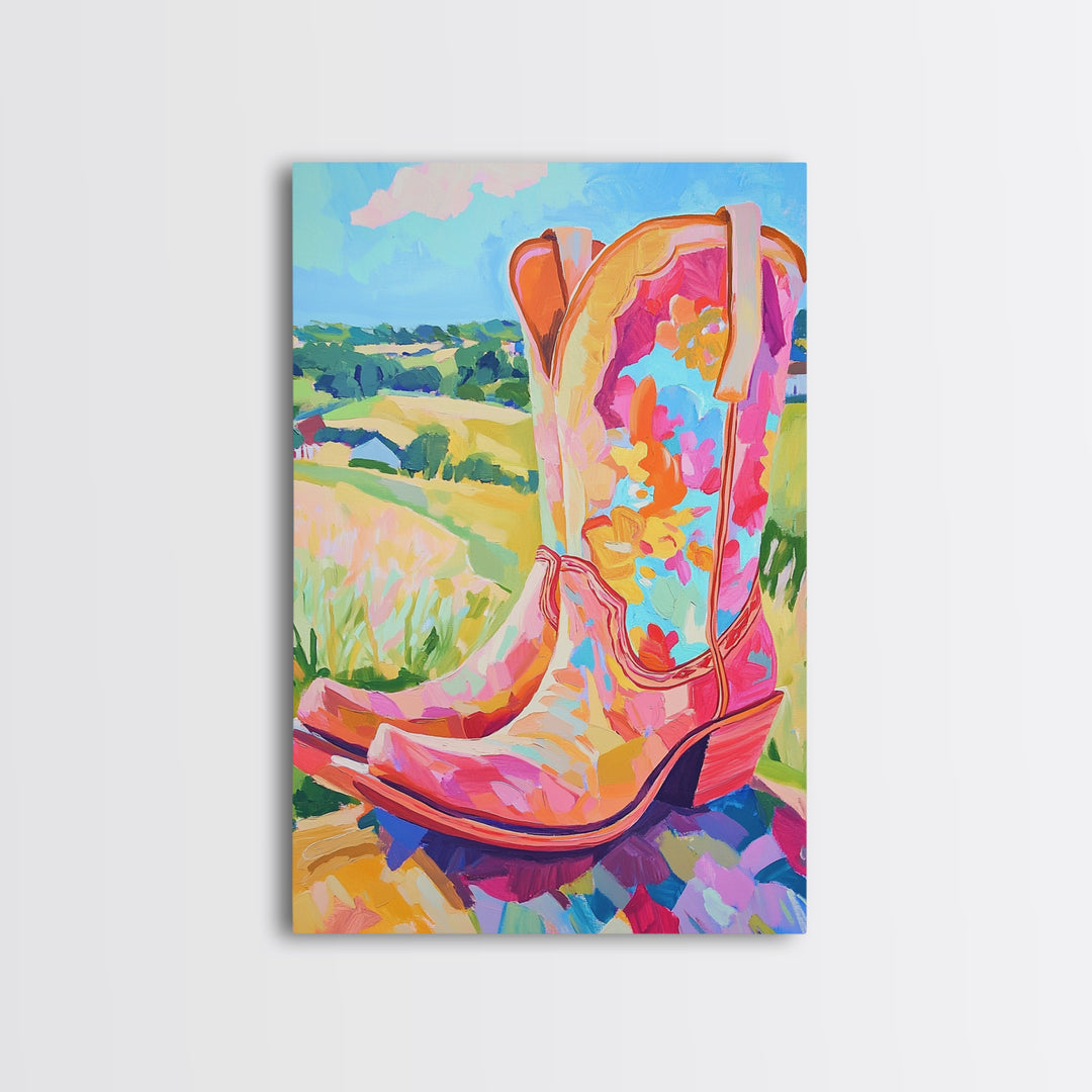 Pink Floral Cowboy Boots Canvas Print, Western Wall Art, Cowgirl Decor, Country Landscape Art Print, Bright Gift For Her