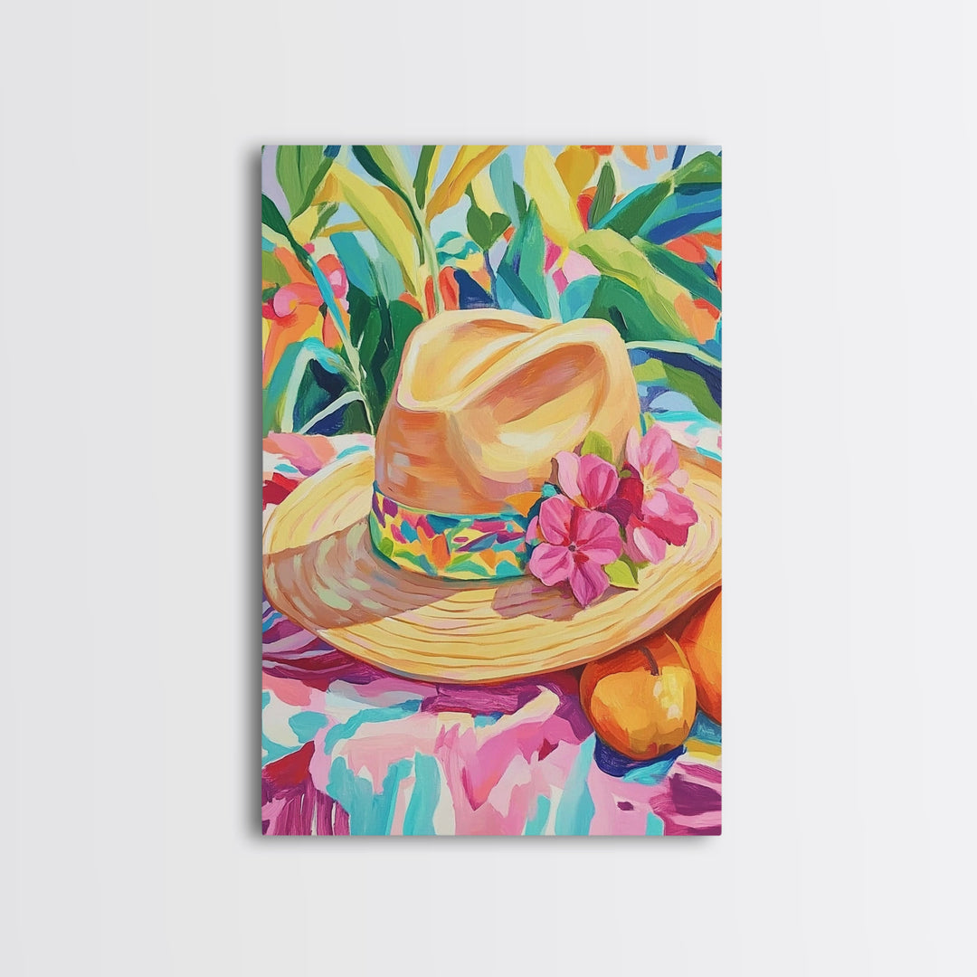 Straw Sun Hat With Pink Flowers Canvas Print, Tropical Wall Art, Coastal Cowgirl Decor, Summer Home Decor Art Gift For Her
