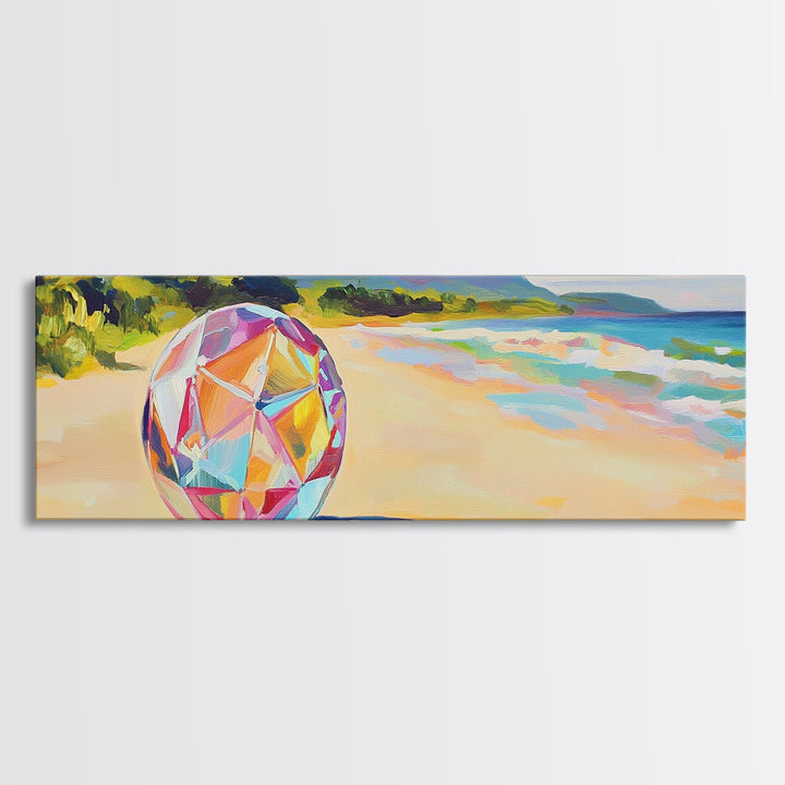 Prismatic Beach Ball On Tropical Shore Canvas Print, Coastal Wall Art, Beach House Decor, Ocean Wall Decor, Summer Vibes