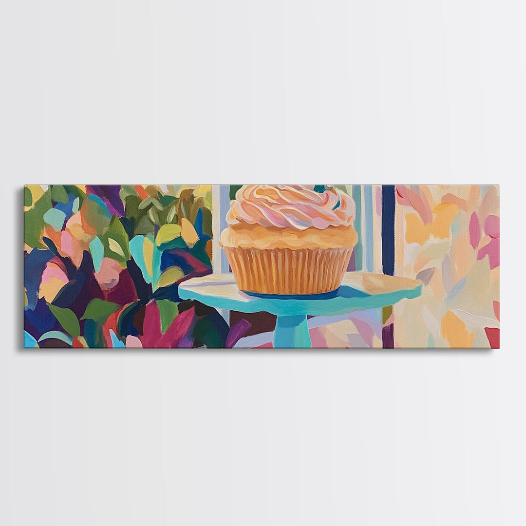 Pink Frosted Cupcake On Cake Stand Canvas Print, Bakery Wall Art, Cute Kitchen Decor, Dessert Art, Gift For Baker, Coffee Shop Decor
