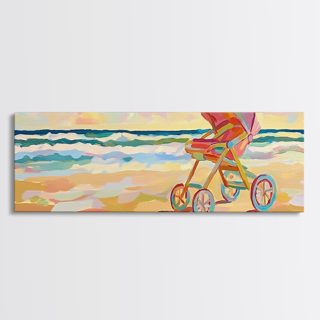 Pink Baby Stroller On Sunny Beach Wall Art, Coastal Nursery Decor, Ocean Canvas Print, Baby Shower Gift For Girl, Beach House Decor