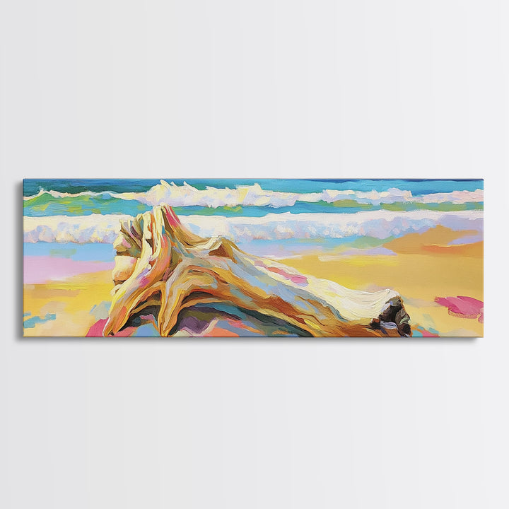 Sunlit Conch Shell On Beach Wall Art, Coastal Canvas Print, Ocean Seascape Decor, Beach House Living Room Wall Decor Gift