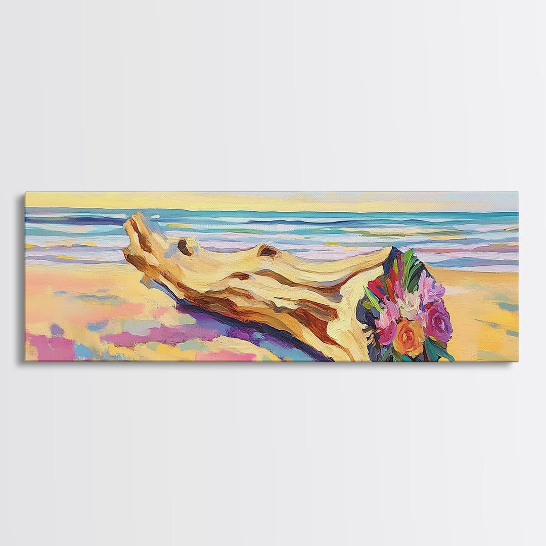 Driftwood Bouquet On Sandy Beach Wall Art, Coastal Canvas Print, Ocean Landscape Decor, Beach House Living Room Wall Decor Gift For Her