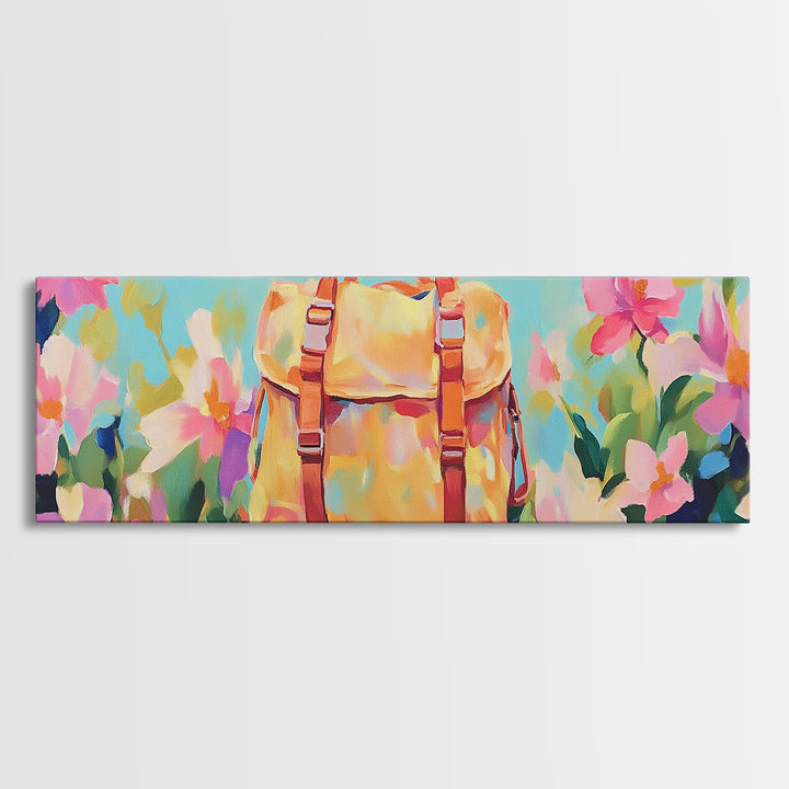 Sunlit Yellow Backpack In Blooming Garden Wall Art, Whimsical Canvas Print For Travel Decor Girls Room Decor And Gift For Her