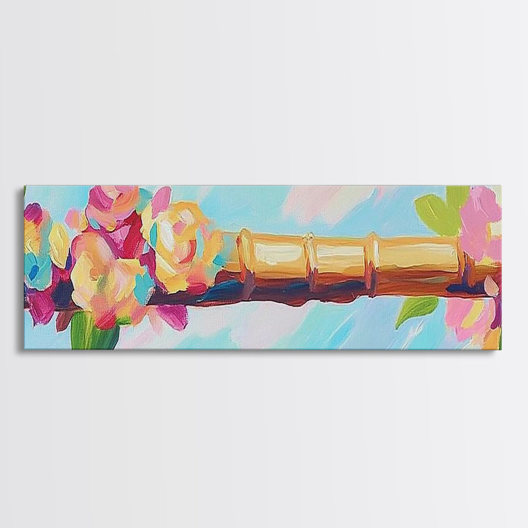 Pink Flowers On Gold Bamboo Rod Canvas Print, Feminine Wall Art, Floral Wall Decor, Chinoiserie Inspired Home Decor Gift