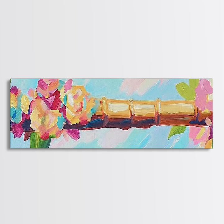 Pink Flowers On Gold Bamboo Rod Canvas Print, Feminine Wall Art, Floral Wall Decor, Chinoiserie Inspired Home Decor Gift