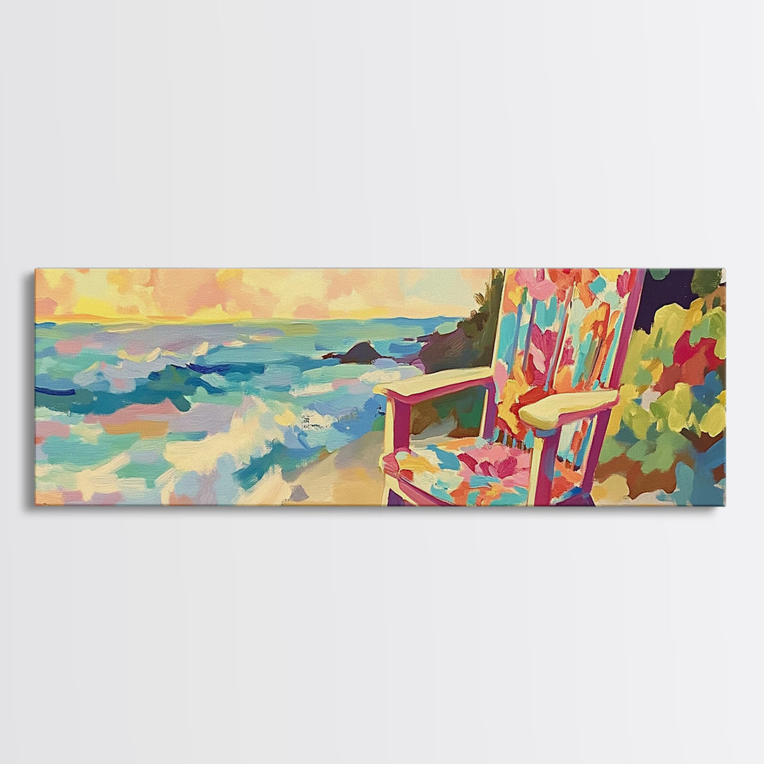 Colorful Beach Chair By Ocean Sunset Wall Art, Coastal Living Room Decor, Beach House Canvas Print, Summer Seascape Gift