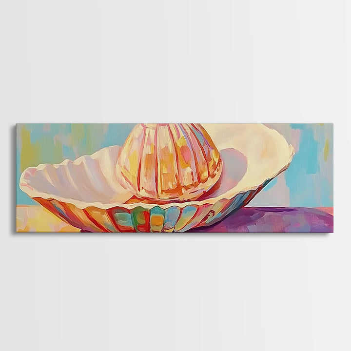 Pastel Seashells On Painted Plate Canvas Print, Coastal Wall Art, Beach House Decor, Ocean Art Print, Bathroom Wall Decor