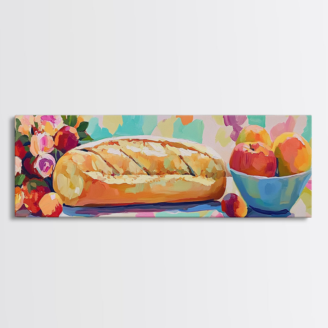 Crusty Bread With Apples And Flowers Wall Art, Rustic Kitchen Decor, Bakery Art Print, Farmhouse Decor, Dining Room Prints
