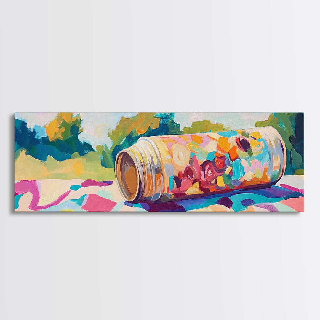 Spilled Picnic Tin With Berries Framed Canvas Print, Summer Wall Art, Food Art Print, Colorful Kitchen Decor, Housewarming Gift