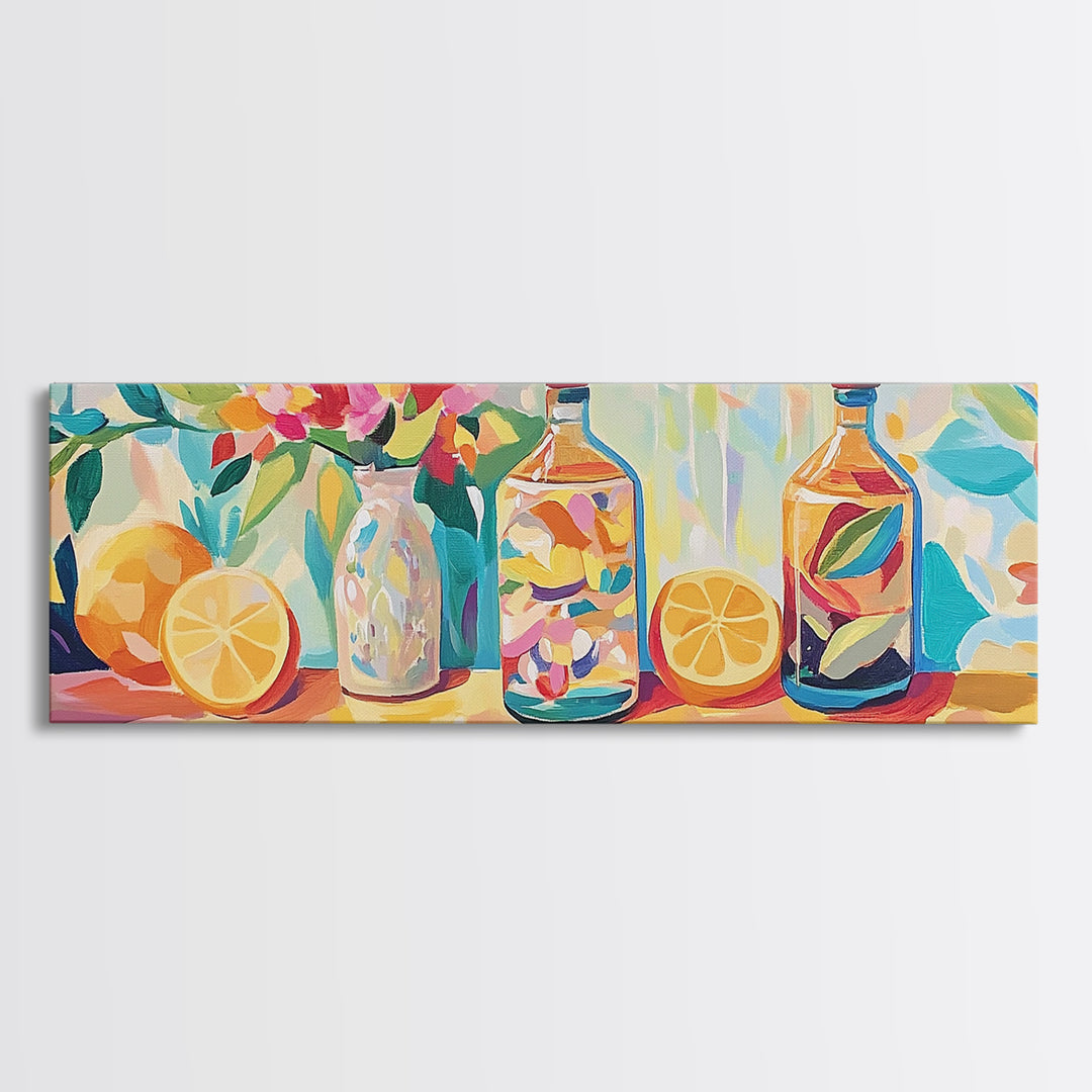 Lemon Bottles And Pink Flowers Framed Canvas Print, Kitchen Wall Art, Colorful Still Life, Modern Dining Room Decor, Housewarming Gift