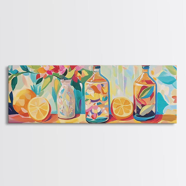 Lemon Bottles And Pink Flowers Framed Canvas Print, Kitchen Wall Art, Colorful Still Life, Modern Dining Room Decor, Housewarming Gift