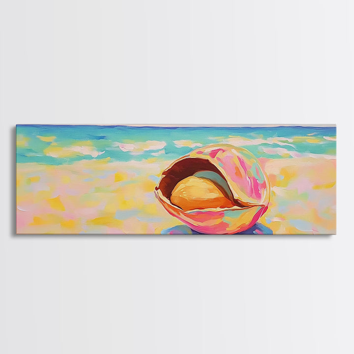 Pink Seashell On Beach Canvas Print, Coastal Wall Art, Ocean Painting, Beach House Decor, Nautical Living Room Print Gift