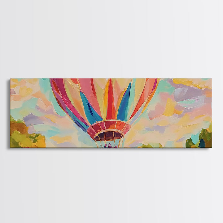 Pastel Hot Air Balloon Wall Art, Whimsical Landscape Painting, Nursery Decor, Kids Room Wall Decor, Framed Canvas Print Gift