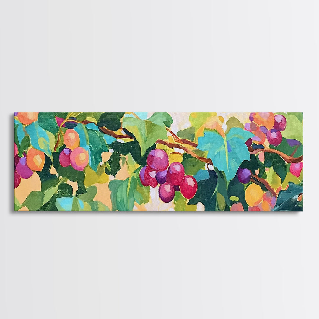 Sunlit Grapevine With Purple Grapes Canvas Print, Vineyard Wall Art, Kitchen Decor, Winery Gift, Dining Room Print, Colorful Nature Art