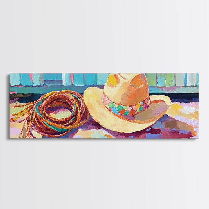 Western Cowboy Hat And Lasso On Sunlit Porch Wall Art, Rustic Western Decor, Farmhouse Canvas Print For Man Cave Home Decor Gift