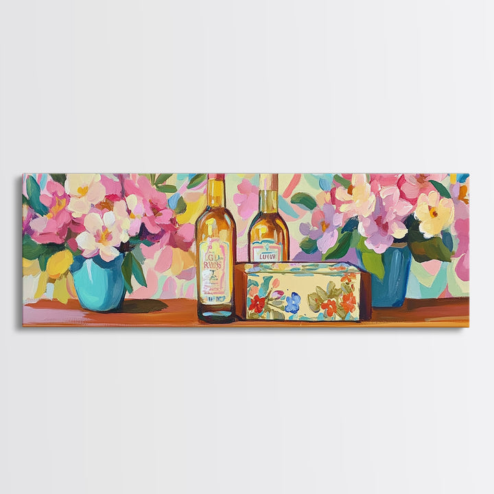 Wine Bottles And Pink Flowers Canvas Print, French Country Kitchen Decor, Winery Wall Art, Dining Room Prints, Gift For Her