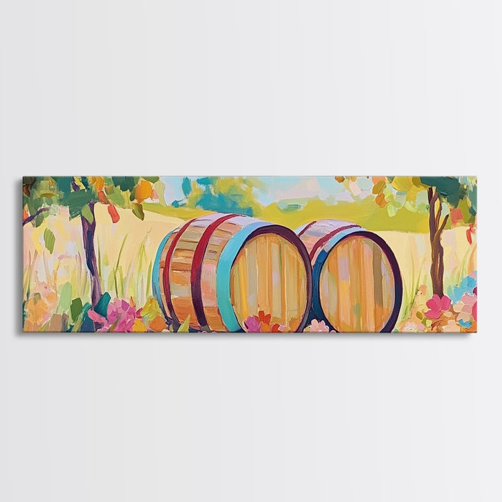 Sunny Vineyard Wine Barrels Framed Canvas Print, Wine Country Art, Rustic Wall Art, Winery Decor, Housewarming Gift Idea