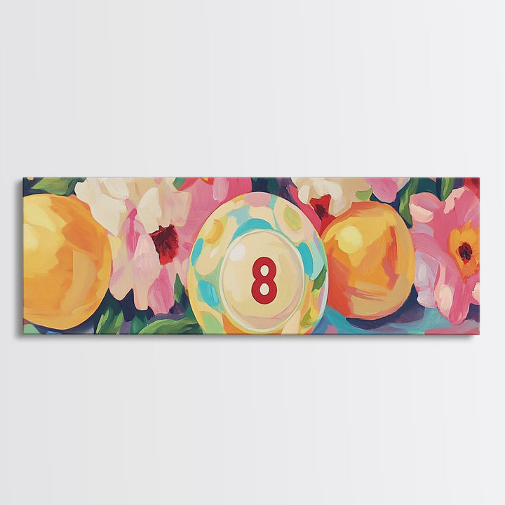 Pool Eight Ball With Pink Flowers Canvas Print, Retro Game Room Art, Billiards Wall Art, Man Cave Decor, Gift For Him Poster