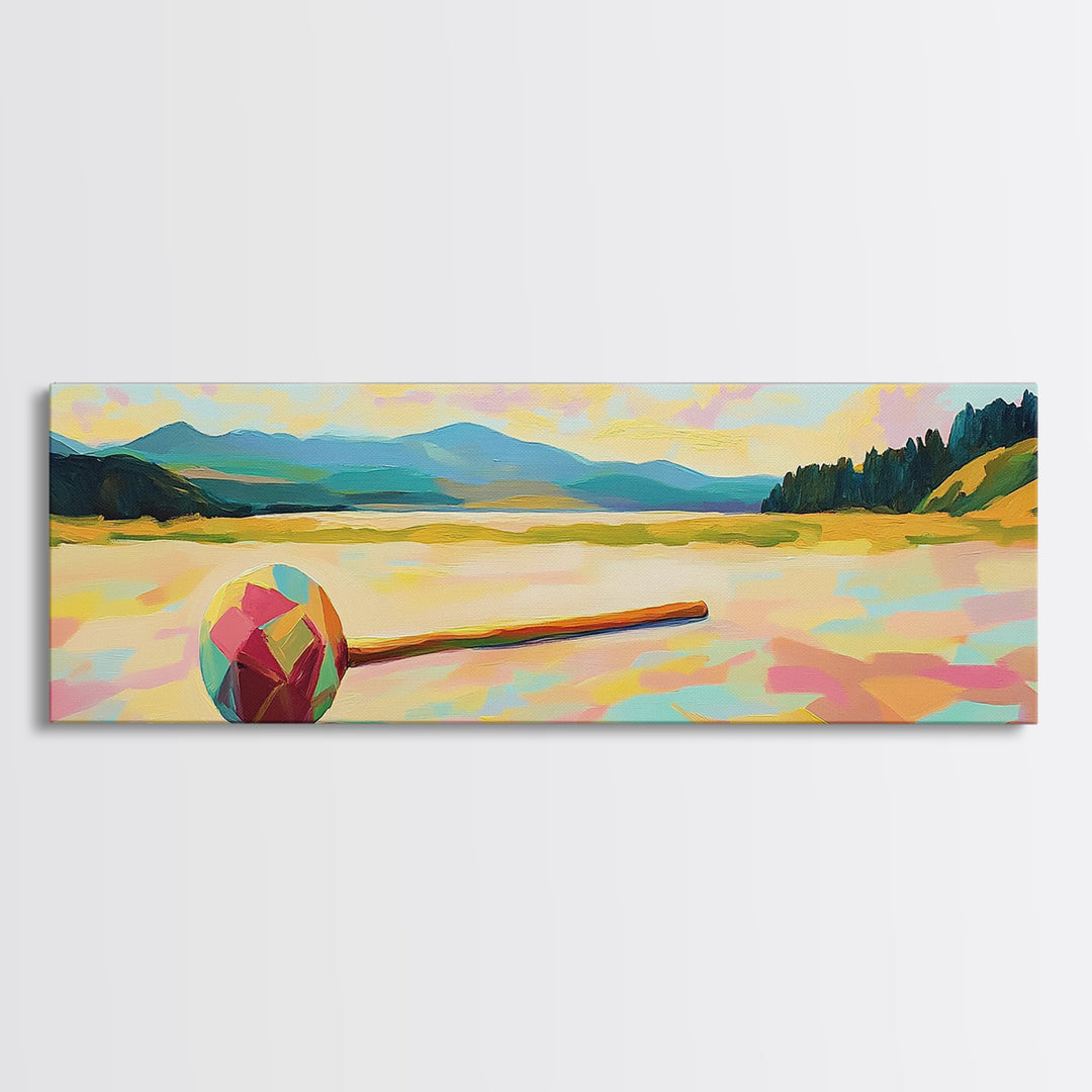 Colorful Croquet Ball And Mallet Landscape Canvas Print, Lake House Wall Decor, Summer Game Room Art, Rustic Cabin Gift Idea