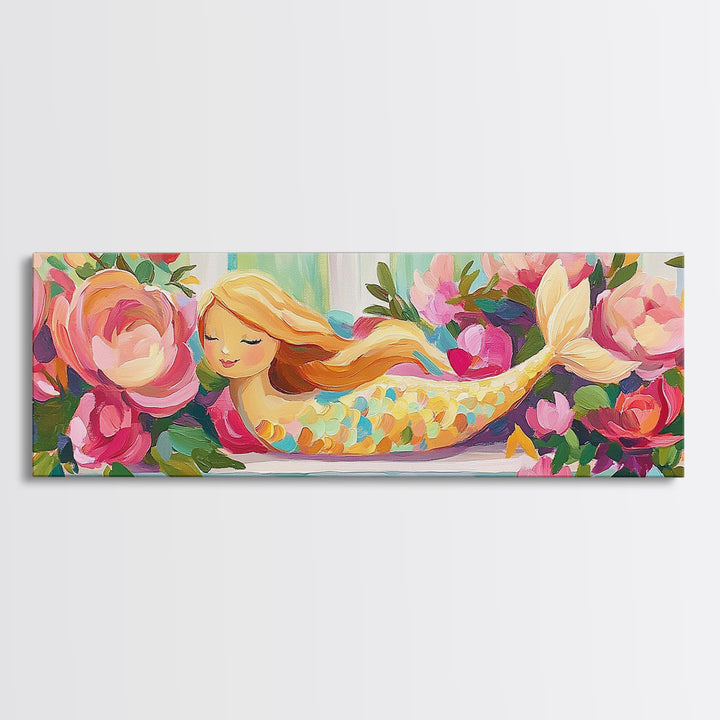 Sleeping Mermaid In Rose Garden Canvas Print, Whimsical Floral Wall Art, Girls Room Decor, Nursery Wall Art, Fantasy Gift
