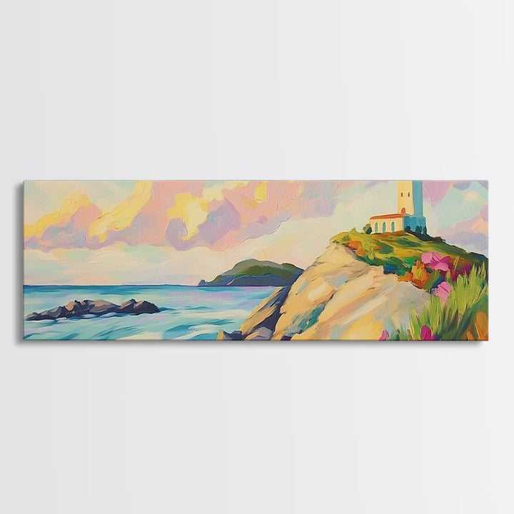 Pastel Lighthouse On Rocky Coast Canvas Print, Coastal Wall Art, Beach House Decor, Ocean Landscape, Nautical Living Room Art