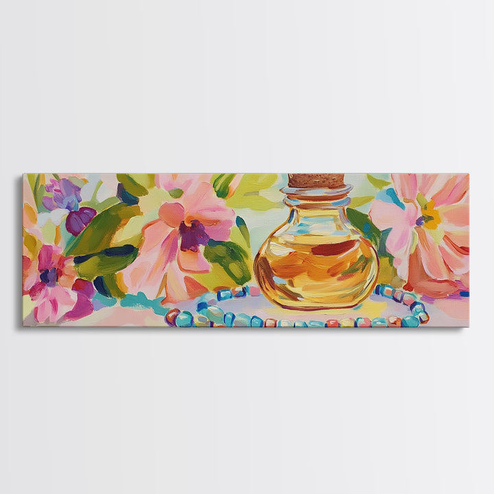 Perfume Bottle And Floral Beads Canvas Print, Feminine Wall Art, Pink Floral Home Decor, Girly Bedroom Decor Gift For Her