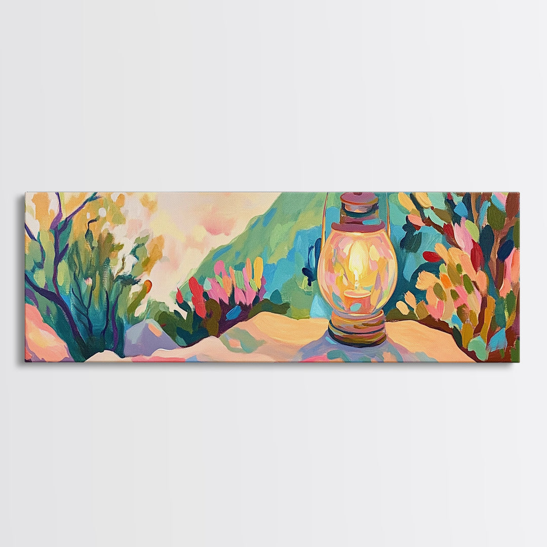 Glowing Lantern Mountain Landscape Canvas Print, Cozy Wall Art, Rustic Nature Decor, Cabin Living Room Art Print Housewarming Gift