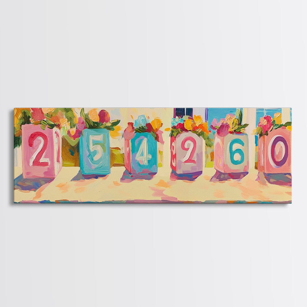 Colorful Number Blocks And Flowers Canvas Print, Nursery Wall Art, Kids Room Decor, Playroom Art, Pastel Baby Shower Gift