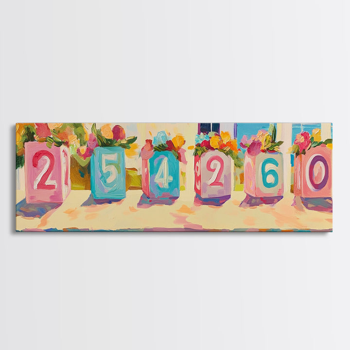 Colorful Number Blocks And Flowers Canvas Print, Nursery Wall Art, Kids Room Decor, Playroom Art, Pastel Baby Shower Gift