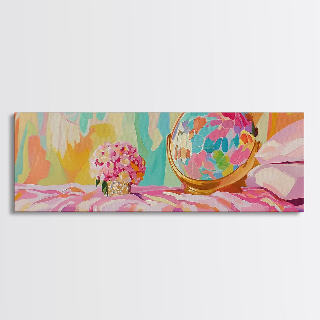 Pastel Vanity Globe And Pink Bouquet Framed Canvas Print, Girly Bedroom Wall Art, Coquette Room Decor, Gift For Her, Aesthetic Wall Art
