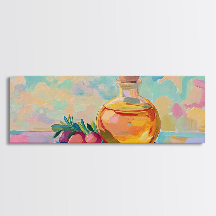Golden Olive Oil Bottle And Olives Canvas Print, Mediterranean Kitchen Wall Art, Foodie Gift, Still Life Home Decor, Art For Kitchen