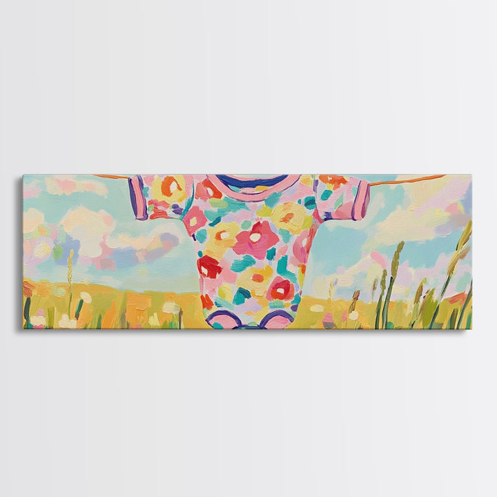 Floral Baby Onesie On Clothesline Wall Art, Nursery Wall Art For Baby Girl Room Decor, Baby Shower Gift, Kids Room Decor