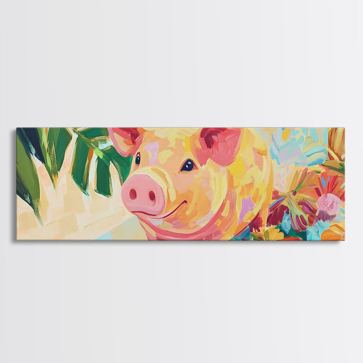 Smiling Pink Pig With Tropical Flowers Canvas Print, Whimsical Animal Wall Art, Farm Animal Nursery Decor, Cute Home Decor