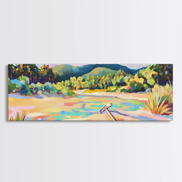Colorful Sandy River Beach Framed Canvas Print, Coastal Wall Art, Mountain Landscape Art, Summer Decor, Housewarming Gift