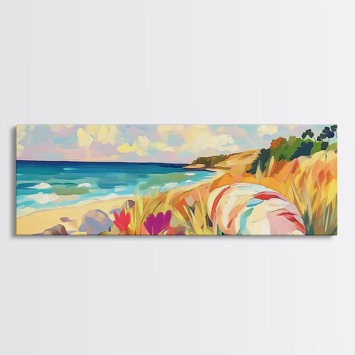 Sunny Coastal Beach With Seashell And Wildflowers Wall Art, Ocean Landscape Canvas Print, Beach House Decor, Summer Vibes