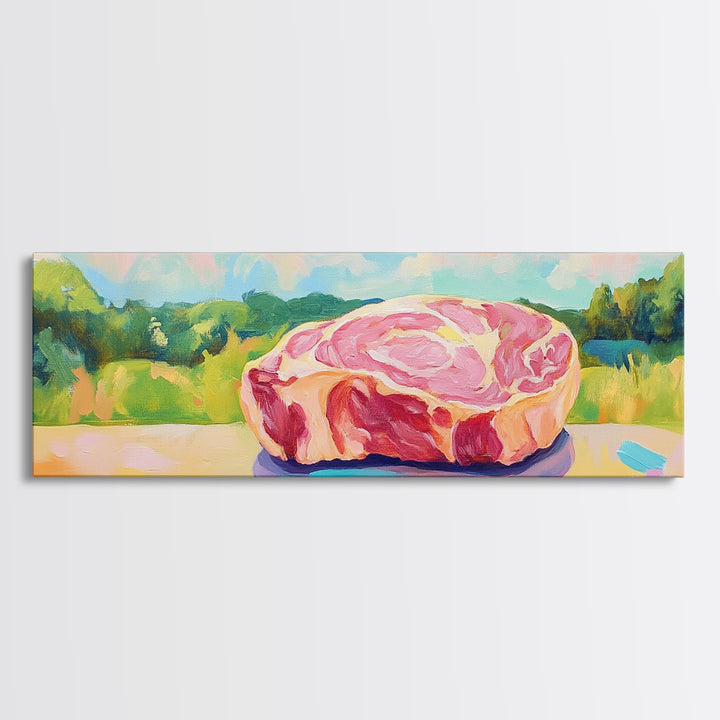 Pastel Steak Still Life In Green Meadow Wall Art, Quirky Kitchen Canvas Print, Colorful Food Decor, Dining Room Art Gift