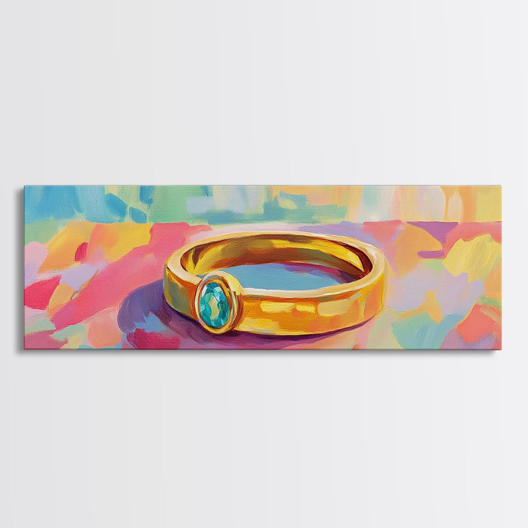 Gold Ring With Blue Gemstone Canvas Print, Elegant Wall Art, Jewelry Lover Gift, Feminine Bedroom Decor, Modern Print, Home Decor