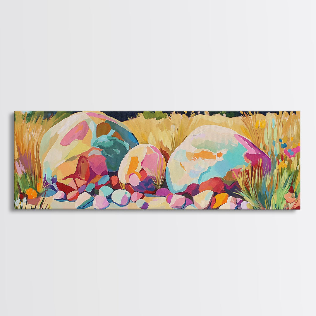 Sunlit Painted Boulders In Golden Meadow Wall Art, Modern Landscape, Nature Wall Decor, Rustic Home Decor, Canvas Print, Housewarming Gift