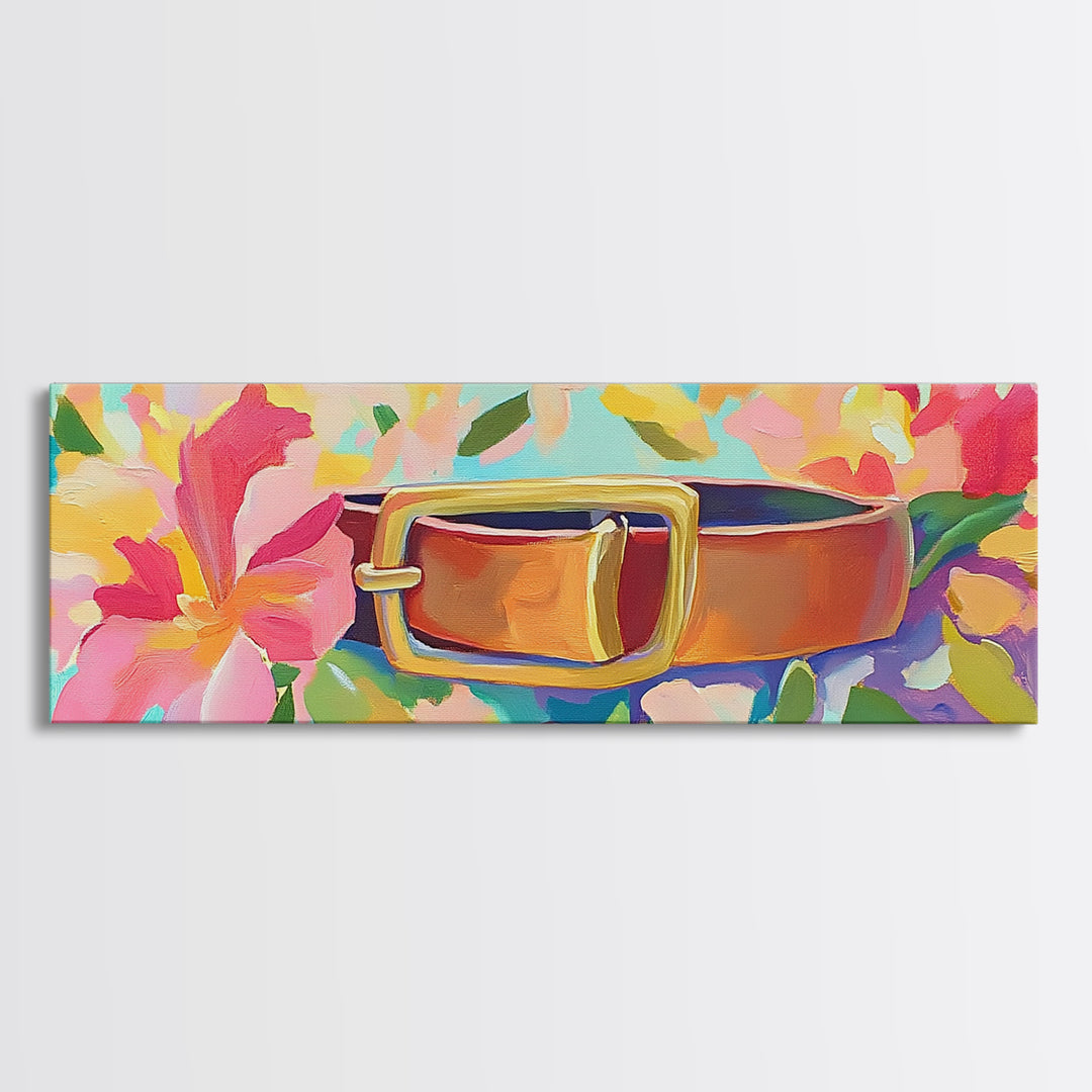 Leather Belt With Gold Buckle And Pink Flowers Wall Art, Feminine Wall Decor, Western Decor, Floral Canvas Print, Gift For Her