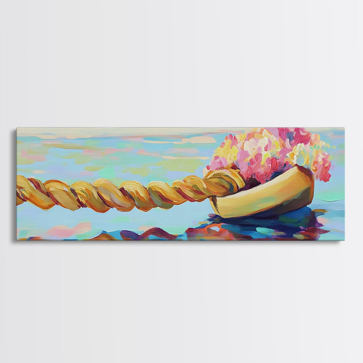 Wooden Boat With Pink Flowers And Rope On Water Canvas Print, Coastal Wall Art, Nautical Decor, Beach House Decor, Gift For Her
