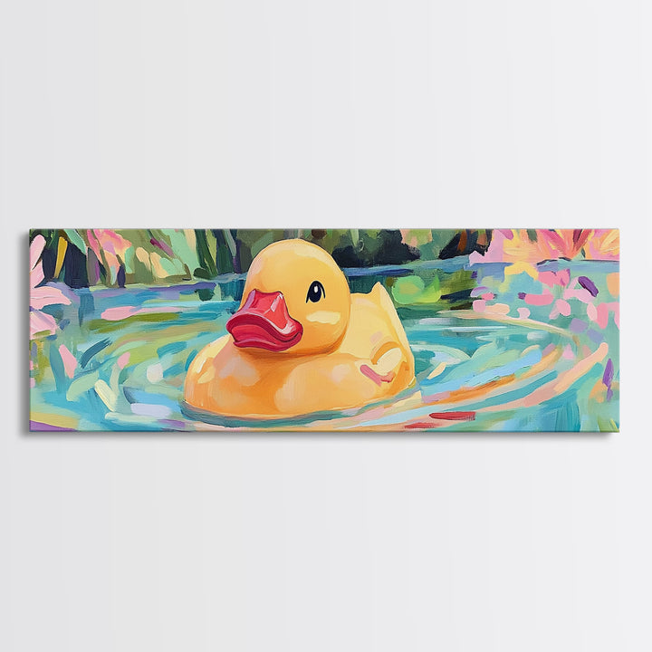 Cheerful Rubber Duck Floating In Lily Pond Wall Art, Kids Bathroom Decor, Whimsical Animal Art, Canvas Print Gift For Kids