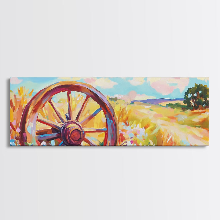 Rustic Wagon Wheel In Wildflower Field Framed Canvas Print, Farmhouse Wall Art, Country Landscape Decor, Gift For Him Home Decor