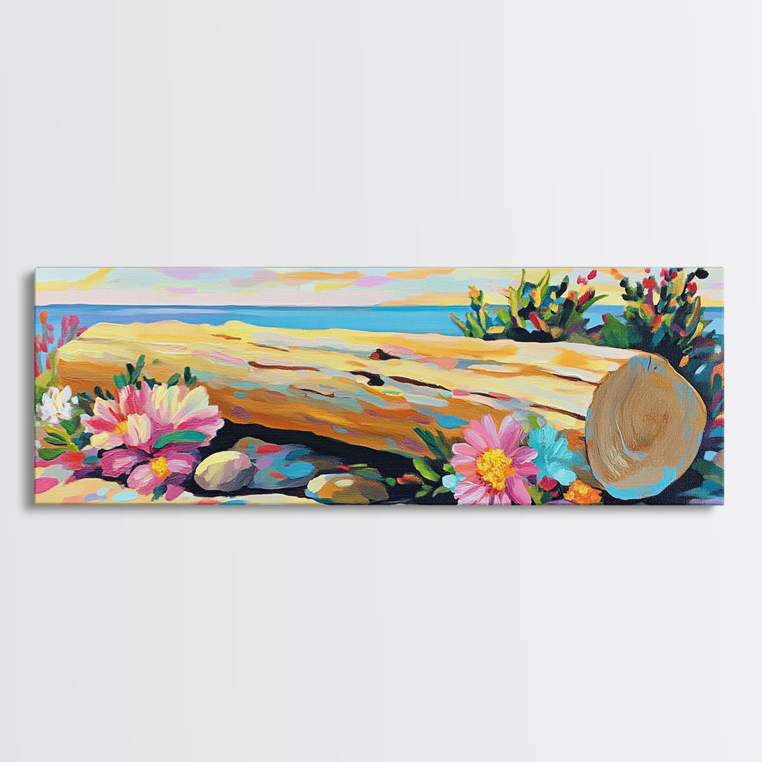 Beach Hat And Flowers On Sandy Shore Canvas Print, Coastal Wall Art, Beach House Decor, Summer Seascape, Nautical Gift Art
